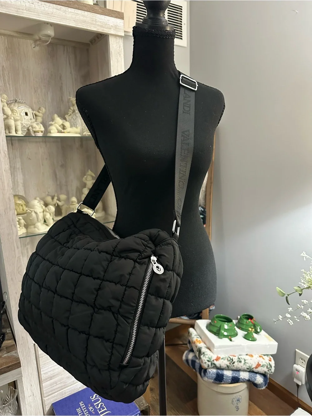 Valentino Orlandi Black Quilted Laptop Crossbody with Logo Strap